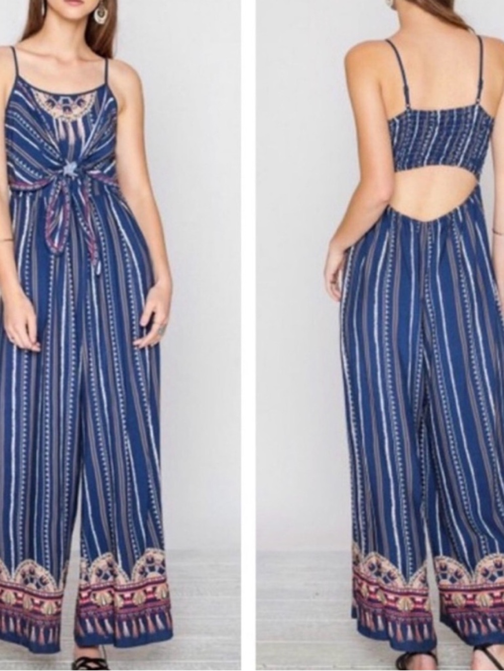 Flying Tomato Navy Striped Tie-Front Wide-Leg Jumpsuit Medium